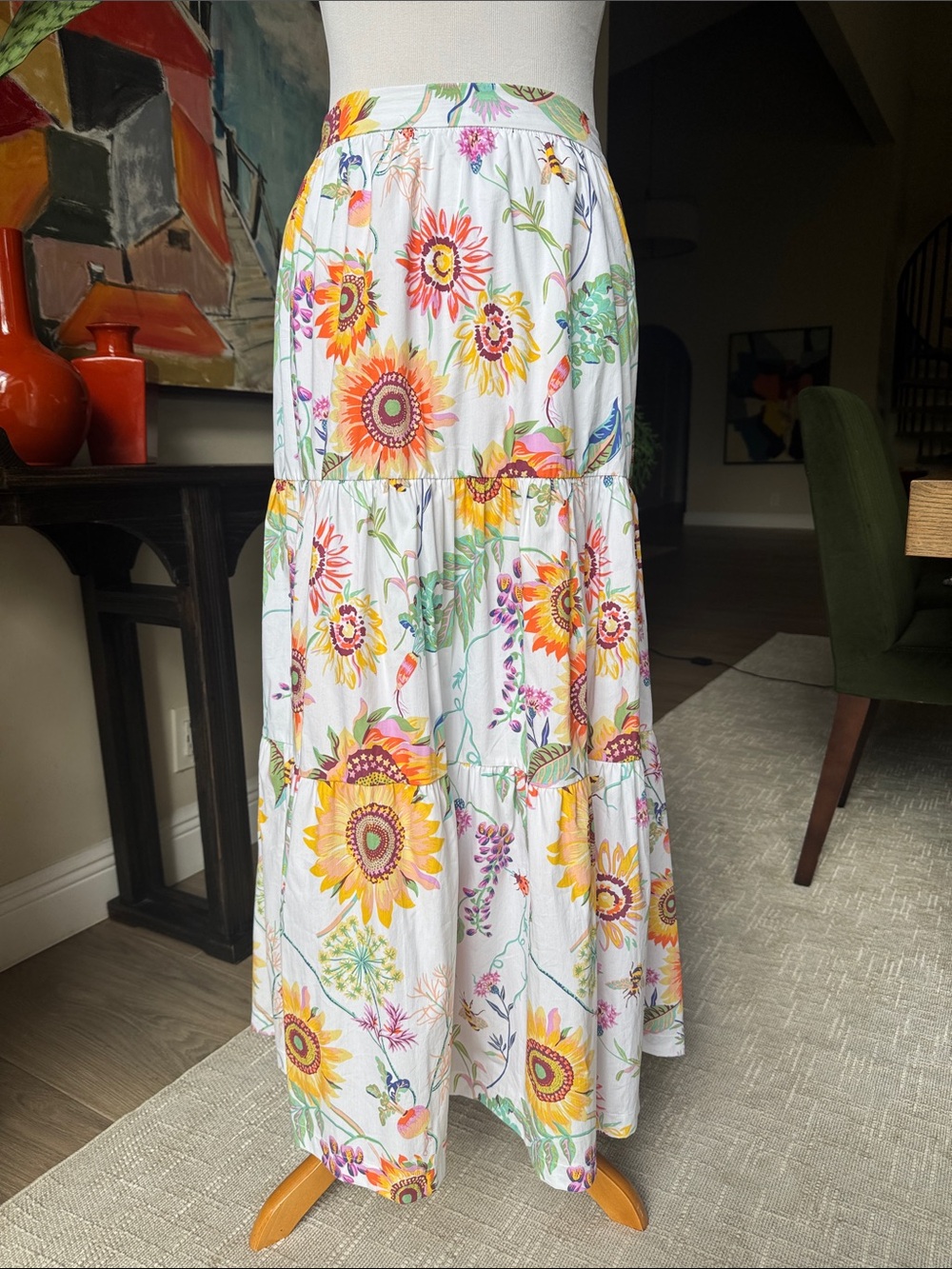 Elie Tahari White Maxi Skirt with Multicolor Sunflower Print